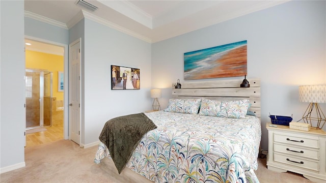 carpeted bedroom featuring ornamental molding