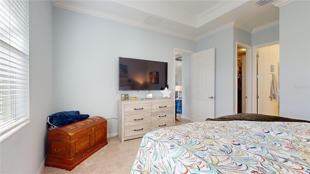 carpeted bedroom featuring crown molding