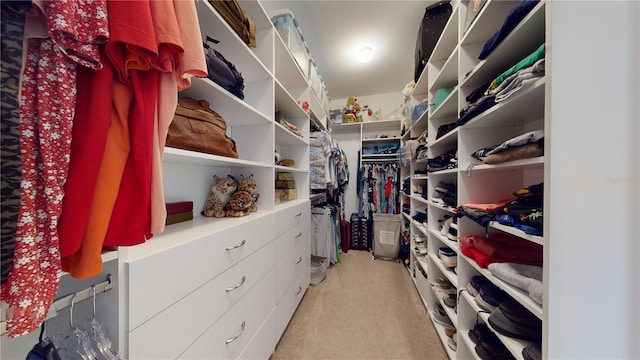 walk in closet featuring light carpet