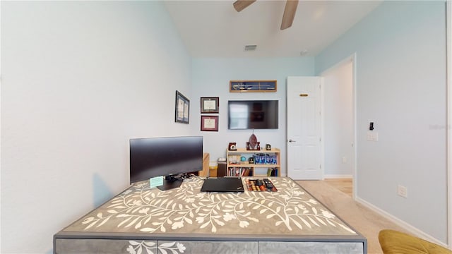 carpeted bedroom featuring ceiling fan