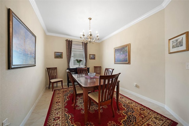 tiled dining space with ornamental molding and a chandelier