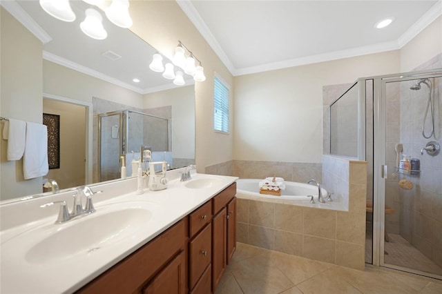 bathroom with tile patterned flooring, crown molding, and shower with separate bathtub