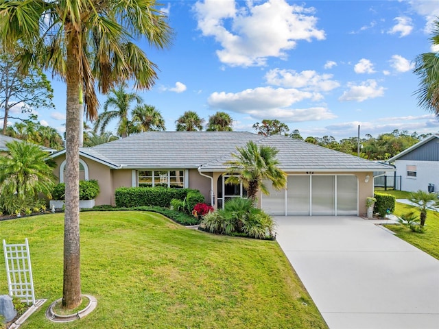 ranch-style house with a garage and a front lawn