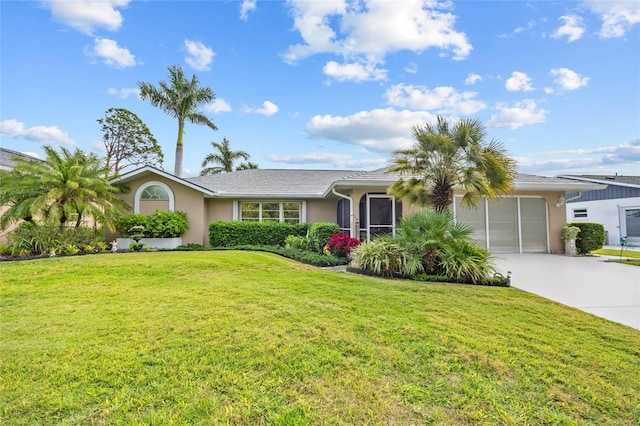 ranch-style house with a garage and a front lawn