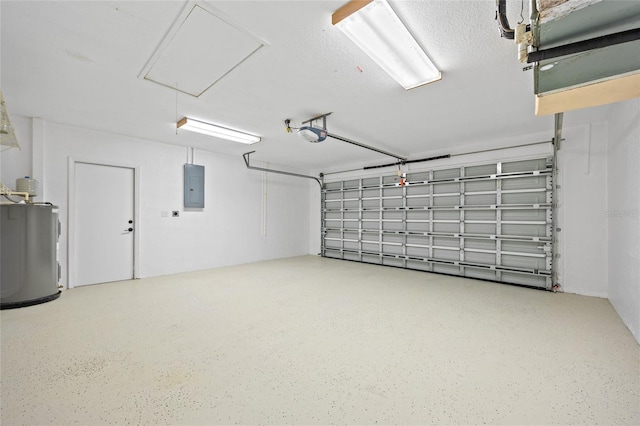 garage with electric water heater, a garage door opener, and electric panel