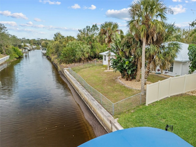 exterior space with a water view