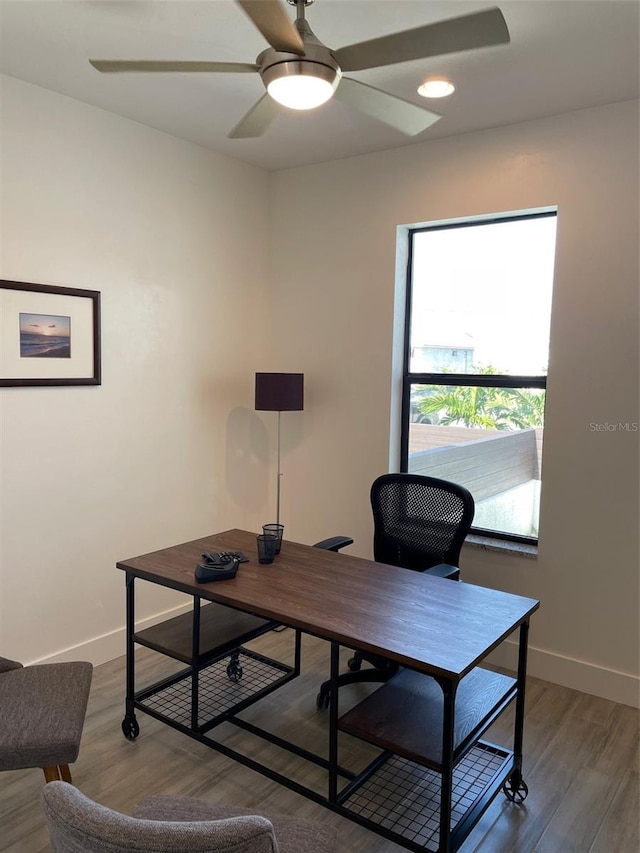 office featuring ceiling fan and wood-type flooring