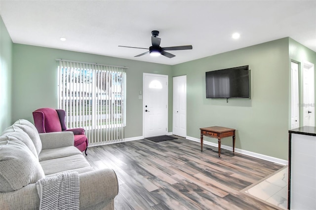 living room with ceiling fan and wood-type flooring