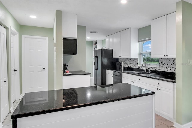 kitchen with black appliances, white cabinetry, sink, and dark stone counters