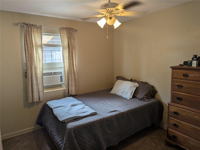 carpeted bedroom with cooling unit and ceiling fan