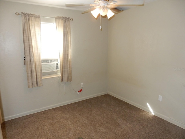 unfurnished room featuring ceiling fan, carpet floors, cooling unit, and baseboards