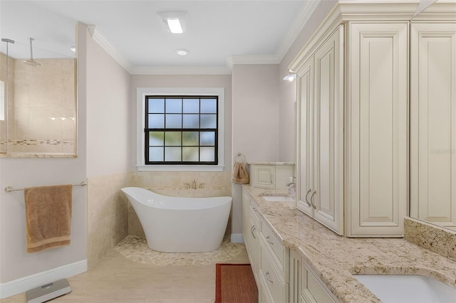 bathroom featuring ornamental molding, tile patterned floors, plus walk in shower, and vanity