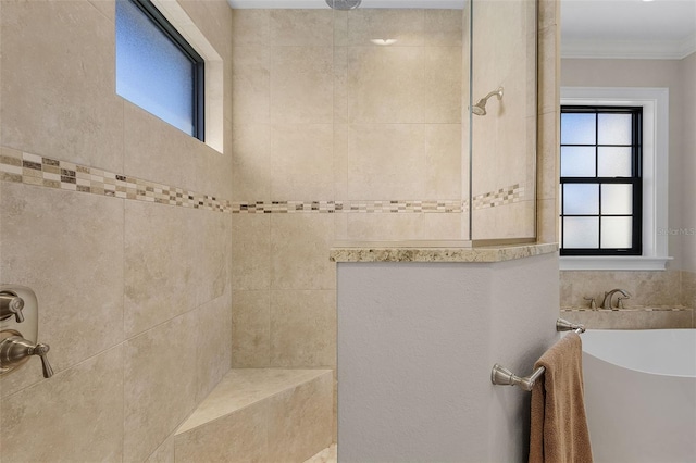 bathroom featuring ornamental molding and separate shower and tub