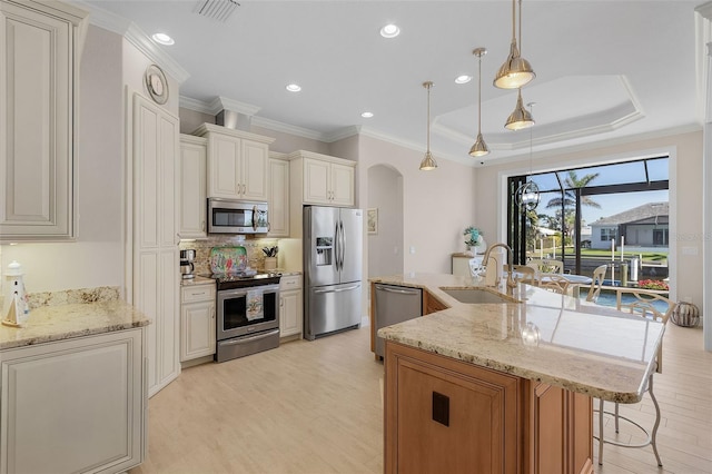 kitchen featuring stainless steel appliances, a center island with sink, a tray ceiling, and pendant lighting