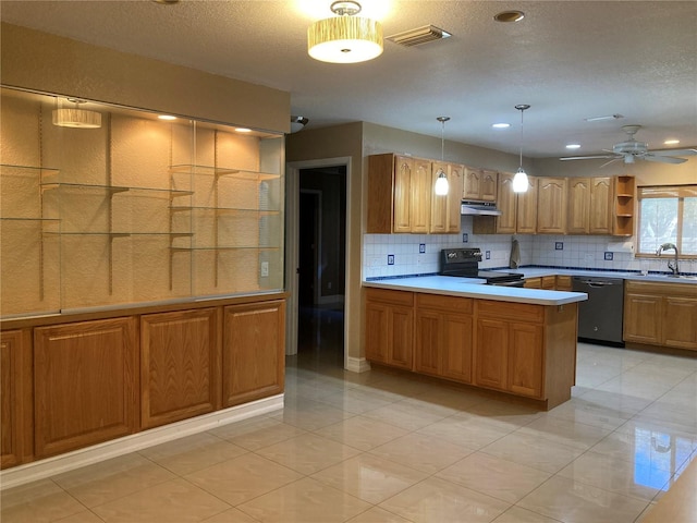 kitchen with ceiling fan, tasteful backsplash, pendant lighting, stainless steel dishwasher, and black range with electric stovetop