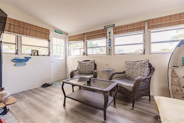 living area with hardwood / wood-style flooring and lofted ceiling