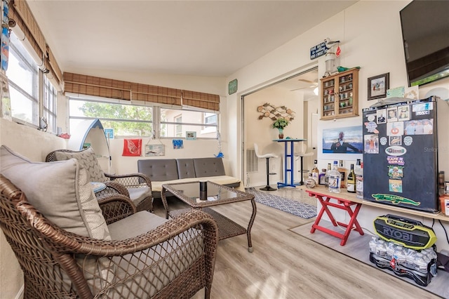 living area with vaulted ceiling and light wood-type flooring