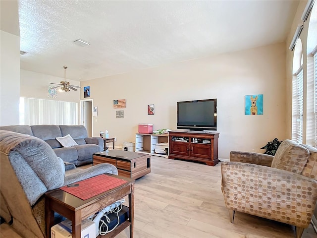 living room featuring plenty of natural light, light hardwood / wood-style flooring, and a textured ceiling