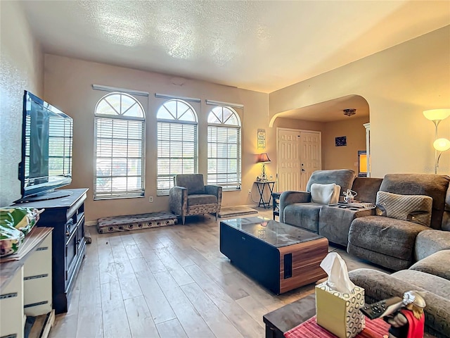 living room featuring a textured ceiling and light hardwood / wood-style flooring