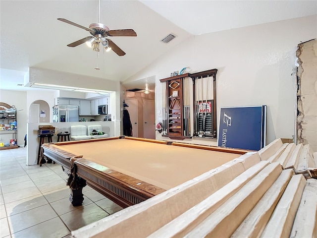 rec room with ceiling fan, billiards, lofted ceiling, and tile patterned floors