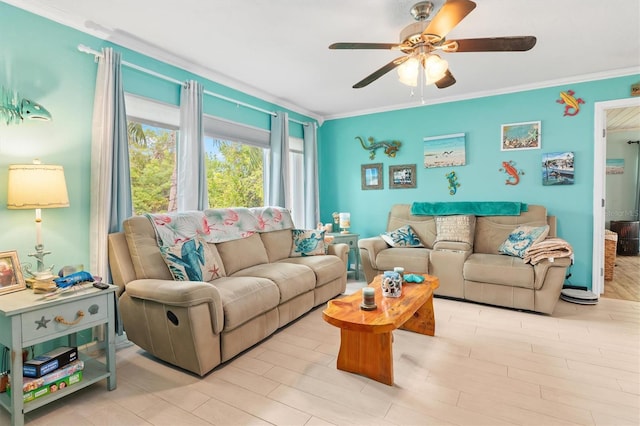 living room with ceiling fan, crown molding, and light hardwood / wood-style floors