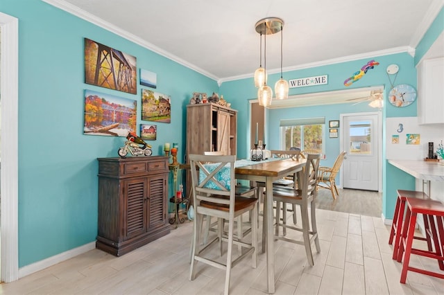 dining area featuring light hardwood / wood-style floors, crown molding, and ceiling fan