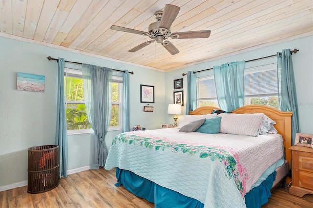 bedroom featuring ceiling fan, wooden ceiling, multiple windows, and light wood-type flooring