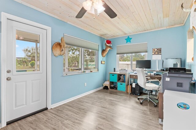 home office featuring ceiling fan, wood-type flooring, wood ceiling, and ornamental molding