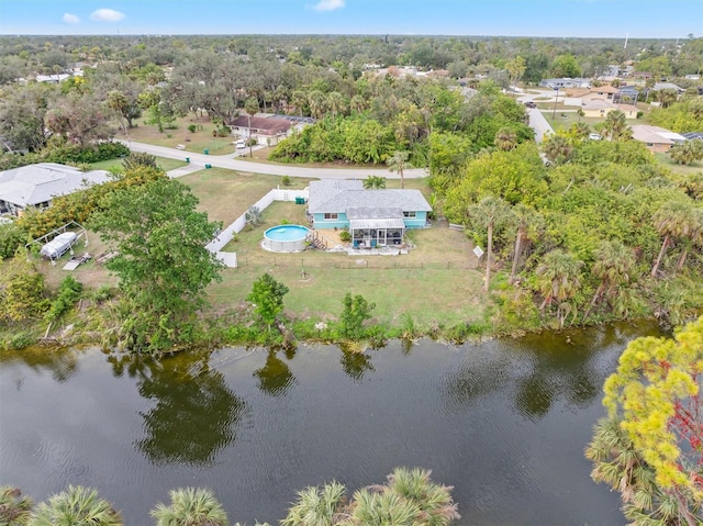 drone / aerial view featuring a water view