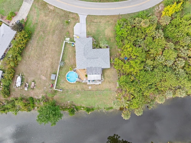 drone / aerial view featuring a water view