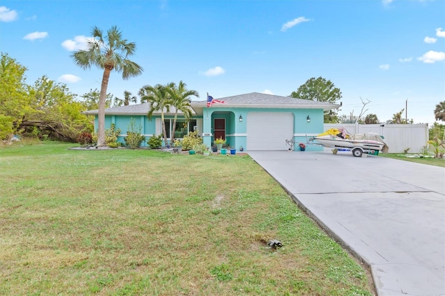 ranch-style home with a front yard and a garage