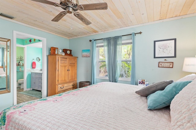 bedroom featuring ceiling fan, ensuite bathroom, wood ceiling, and ornamental molding