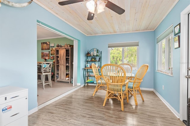 dining area featuring crown molding, wood ceiling, light hardwood / wood-style floors, and ceiling fan