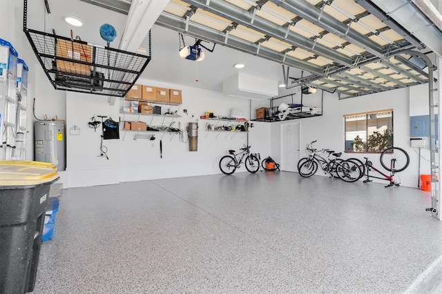 garage featuring water heater and a garage door opener