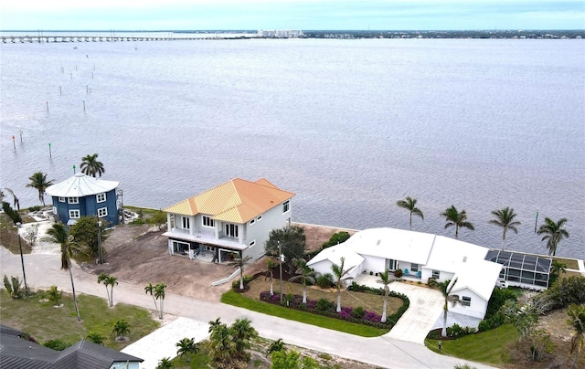 aerial view featuring a water view