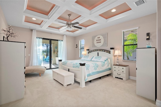 carpeted bedroom featuring coffered ceiling, beamed ceiling, ceiling fan, multiple windows, and access to outside