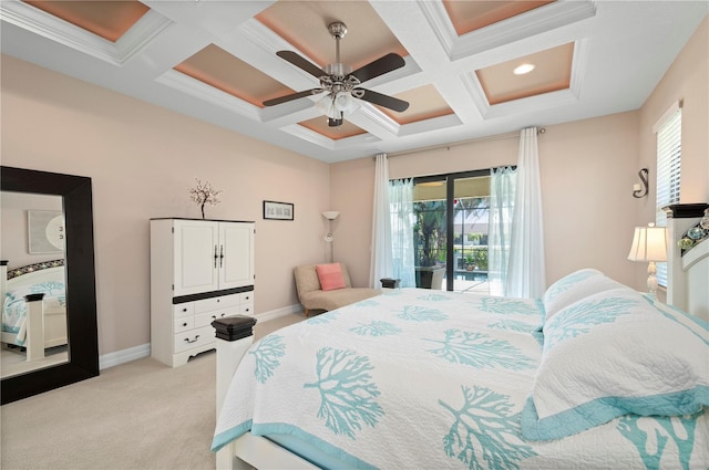 carpeted bedroom featuring access to outside, beamed ceiling, ceiling fan, and coffered ceiling