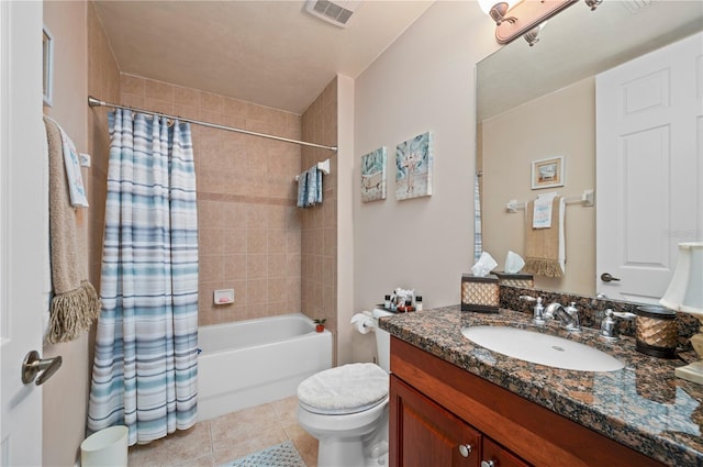 bathroom featuring toilet, visible vents, vanity, tile patterned floors, and shower / bathtub combination with curtain