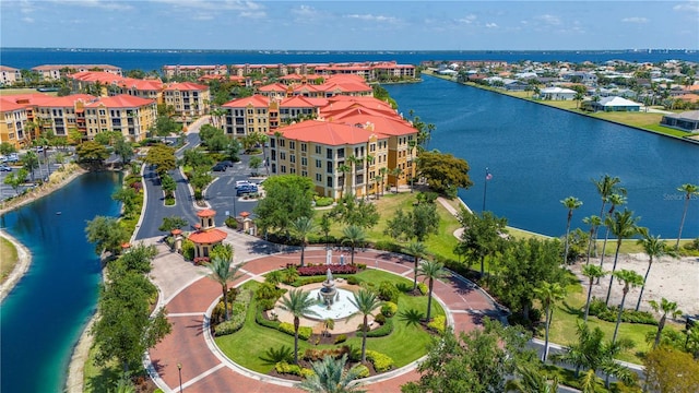 drone / aerial view featuring a water view