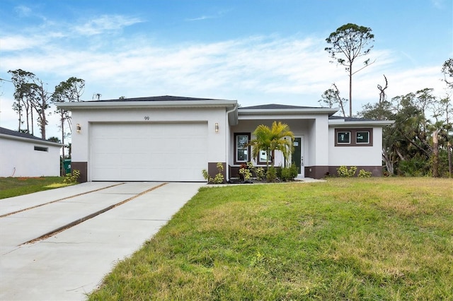 ranch-style home with a garage and a front yard