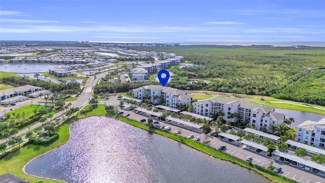 aerial view featuring a water view