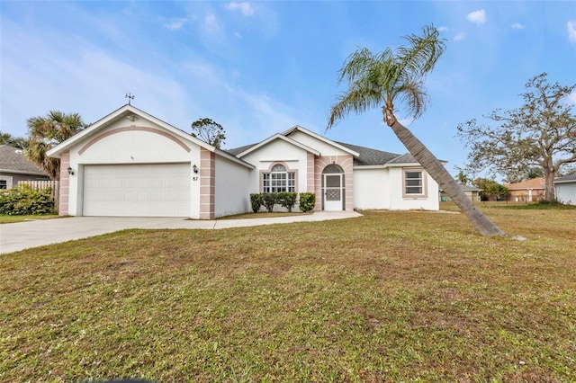 single story home with a front lawn and a garage