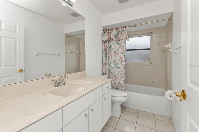 full bathroom with toilet, vanity, shower / bath combo, and tile patterned flooring