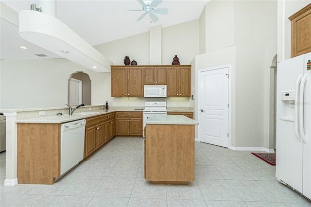 kitchen with high vaulted ceiling, sink, a center island, kitchen peninsula, and white appliances