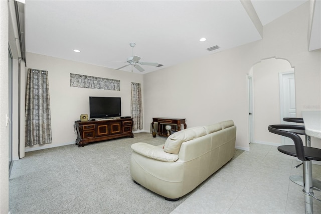 living room with ceiling fan