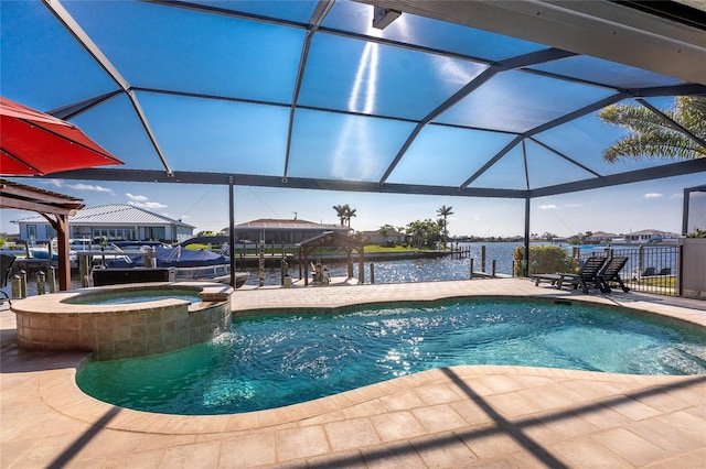 view of swimming pool with a lanai, a pool with connected hot tub, a boat dock, and a patio