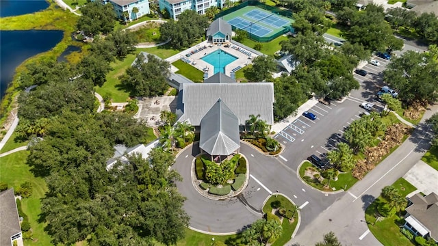 aerial view featuring a water view