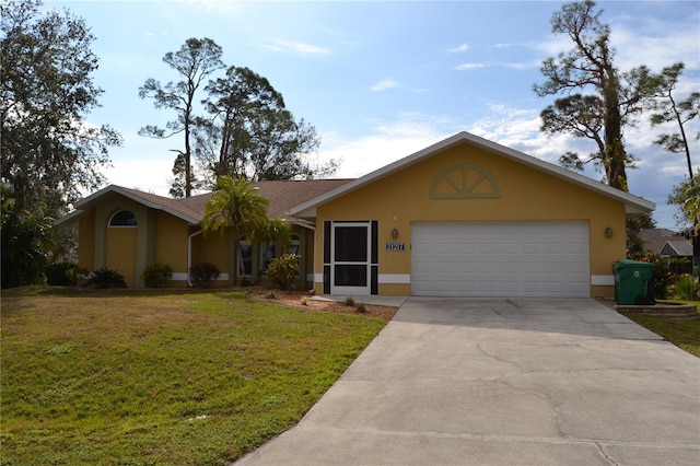 ranch-style home with a garage and a front lawn