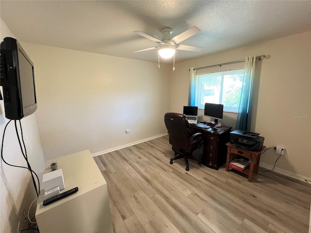 office with ceiling fan, a textured ceiling, and light wood-type flooring