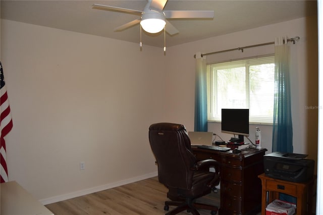 office space with ceiling fan and light hardwood / wood-style flooring